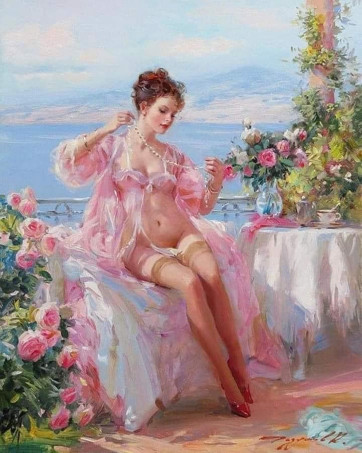 NGƯỜI PHỤ NỮ NGỒI BÁN KHỎA THÂN TRONG VƯỜN HOA